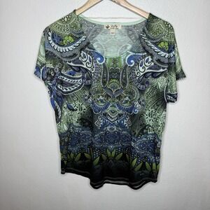 Unity World Wear Green Blue Paisley Embellished Tee Shirt T-Shirt Women's Large